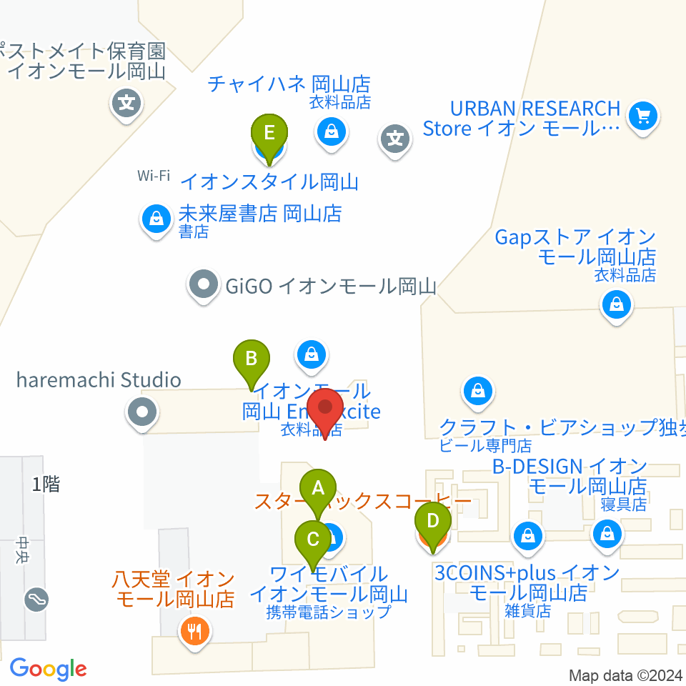 島村楽器 イオンモール岡山店 周辺のファミレス・ファーストフード一覧地図