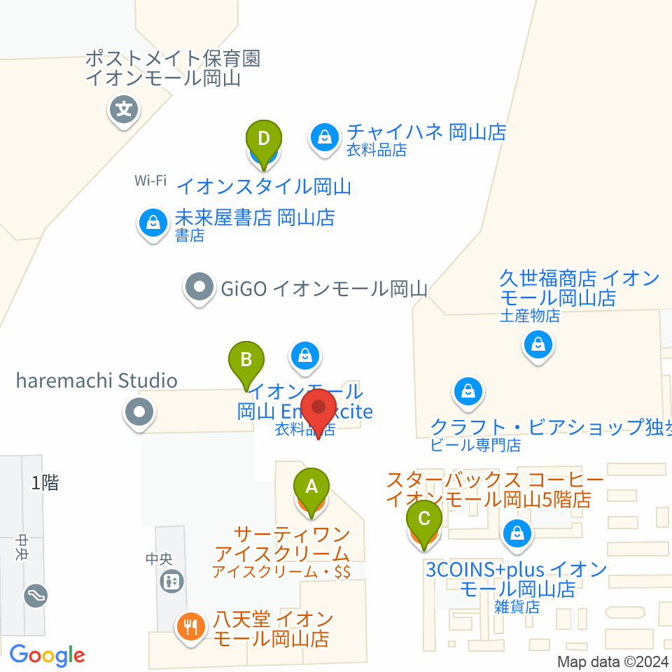 島村楽器 イオンモール岡山店 周辺のファミレス・ファーストフード一覧地図