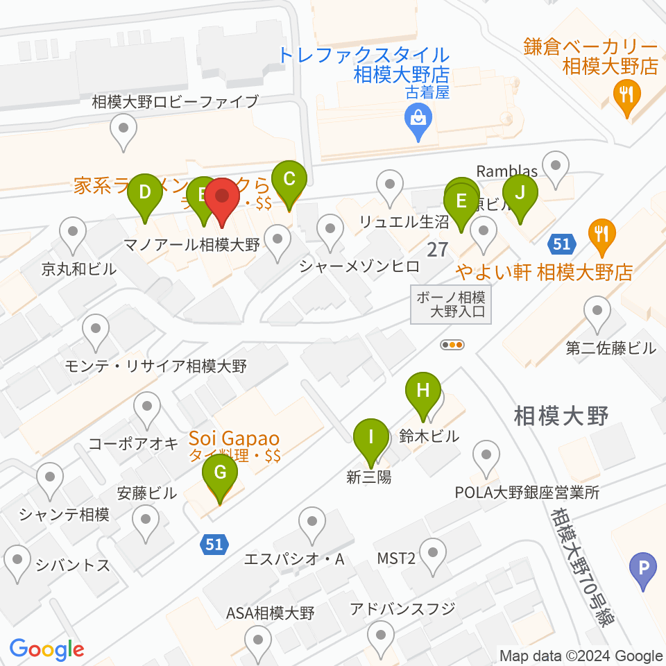 相模大野アコパ周辺のファミレス・ファーストフード一覧地図