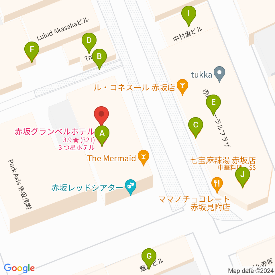 赤坂レッドシアター周辺のファミレス・ファーストフード一覧地図