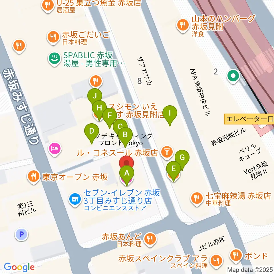 赤坂レッドシアター周辺のファミレス・ファーストフード一覧地図