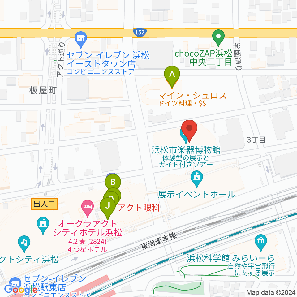 浜松市楽器博物館周辺のファミレス・ファーストフード一覧地図