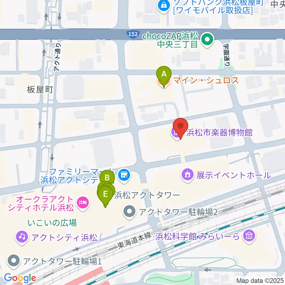 浜松市楽器博物館周辺のファミレス・ファーストフード一覧地図