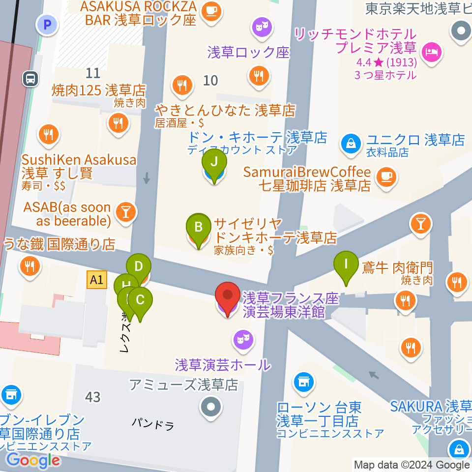 浅草東洋館周辺のファミレス・ファーストフード一覧地図