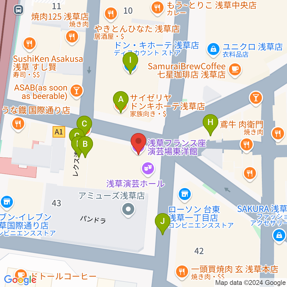 浅草東洋館周辺のファミレス・ファーストフード一覧地図