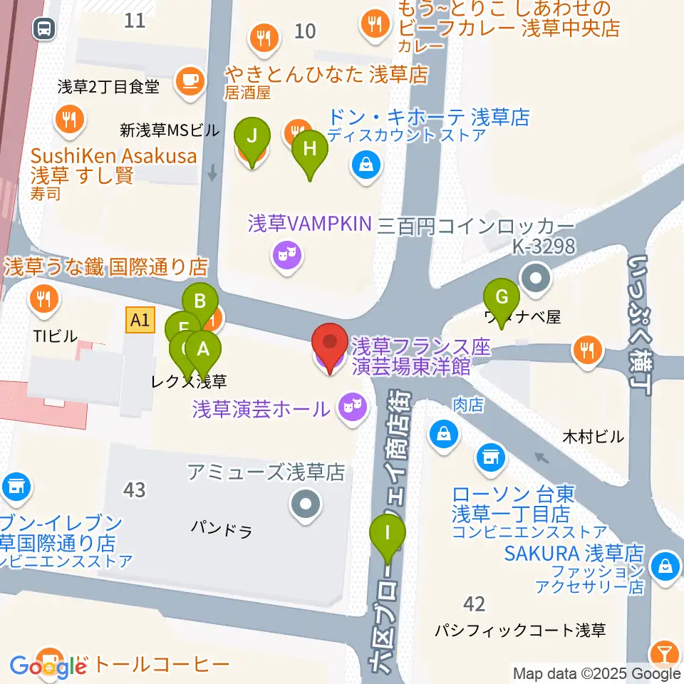 浅草東洋館周辺のファミレス・ファーストフード一覧地図