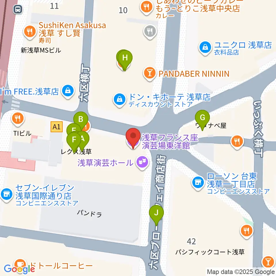 浅草東洋館周辺のファミレス・ファーストフード一覧地図
