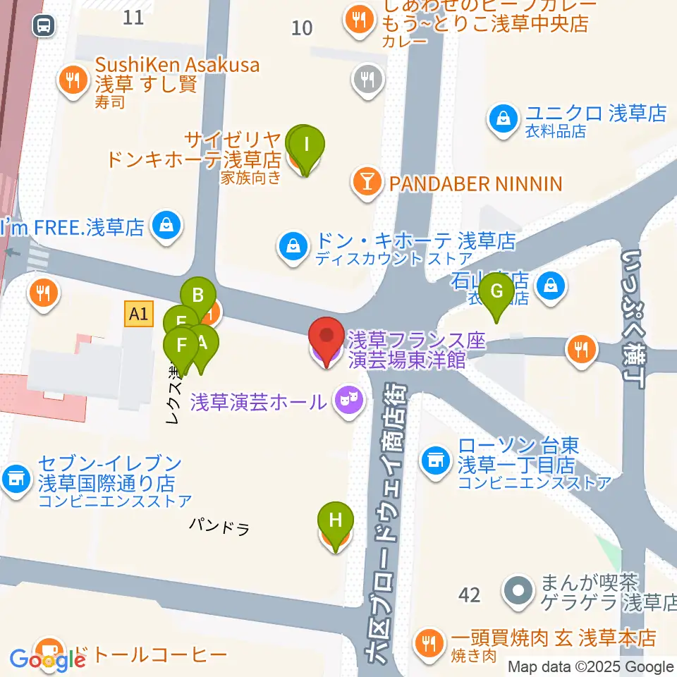 浅草東洋館周辺のファミレス・ファーストフード一覧地図