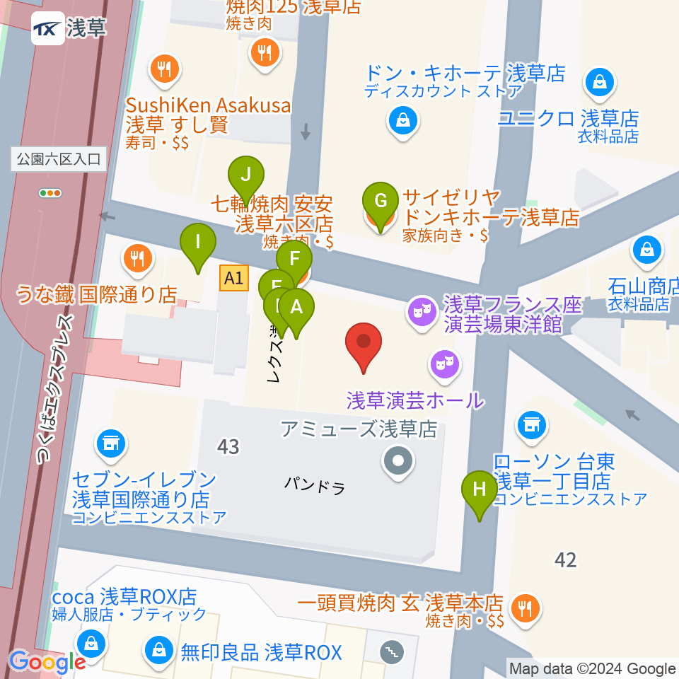 浅草演芸ホール周辺のファミレス・ファーストフード一覧地図