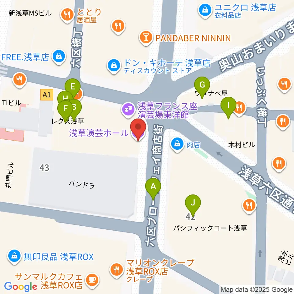 浅草演芸ホール周辺のファミレス・ファーストフード一覧地図