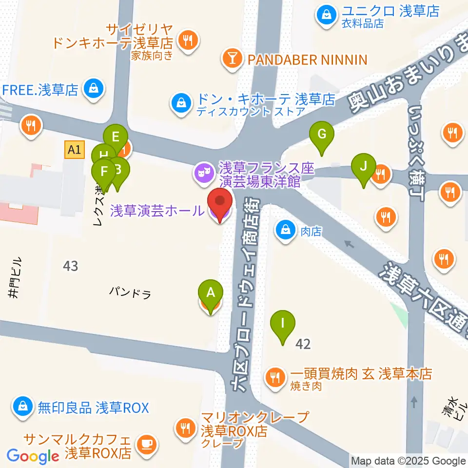 浅草演芸ホール周辺のファミレス・ファーストフード一覧地図