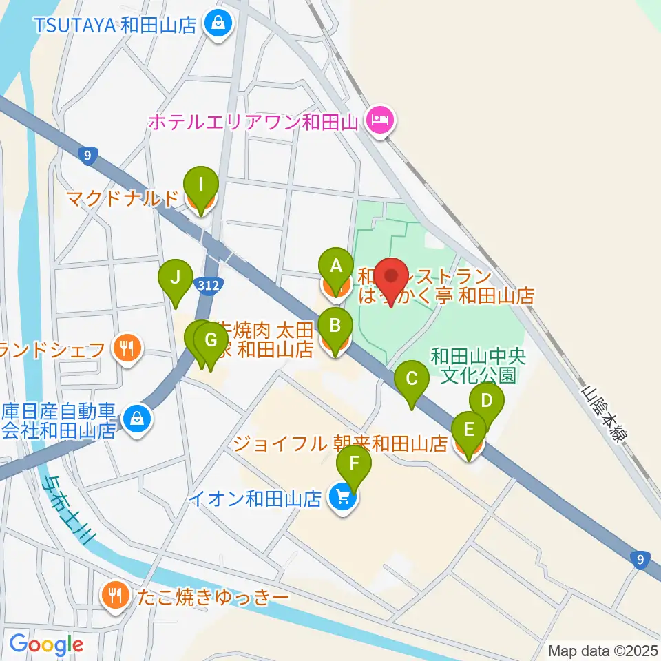 和田山ジュピターホール周辺のファミレス・ファーストフード一覧地図