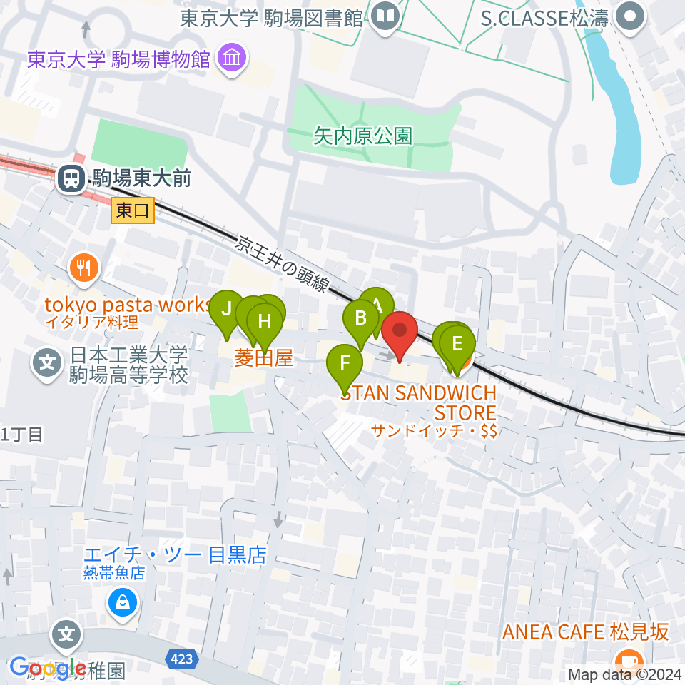 こまばアゴラ劇場周辺のファミレス・ファーストフード一覧地図