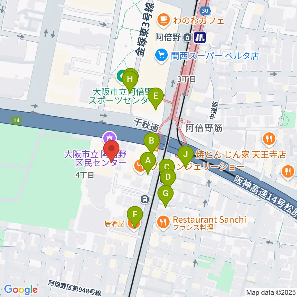 阿倍野区民センター周辺のファミレス・ファーストフード一覧地図