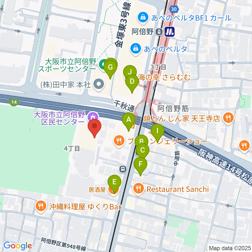 阿倍野区民センター周辺のファミレス・ファーストフード一覧地図