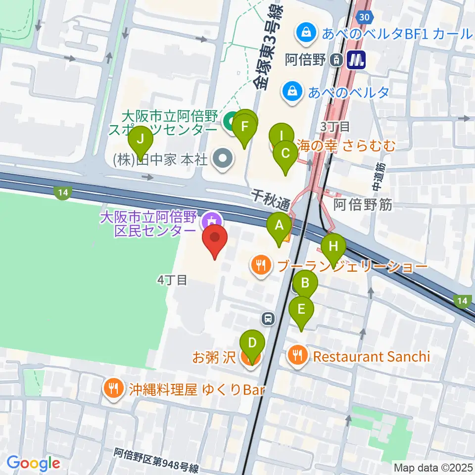 阿倍野区民センター周辺のファミレス・ファーストフード一覧地図