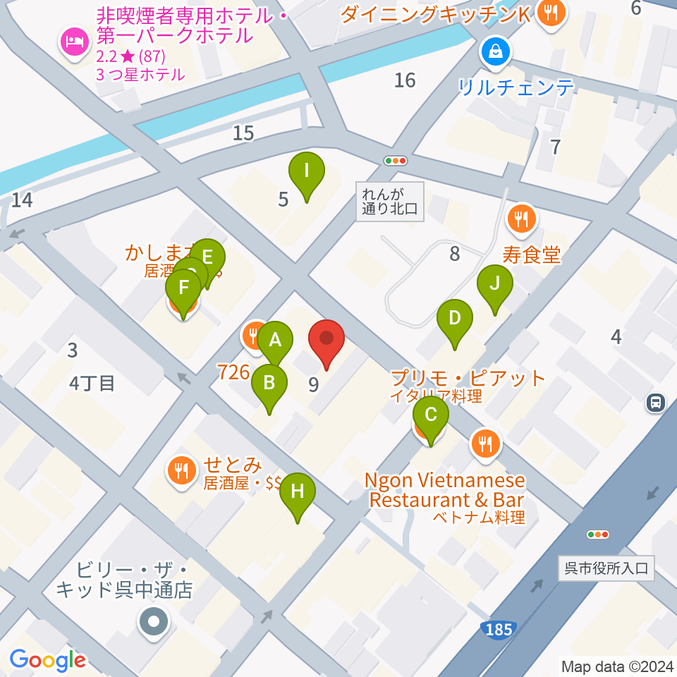 なかやま楽器 呉本店周辺のファミレス・ファーストフード一覧地図