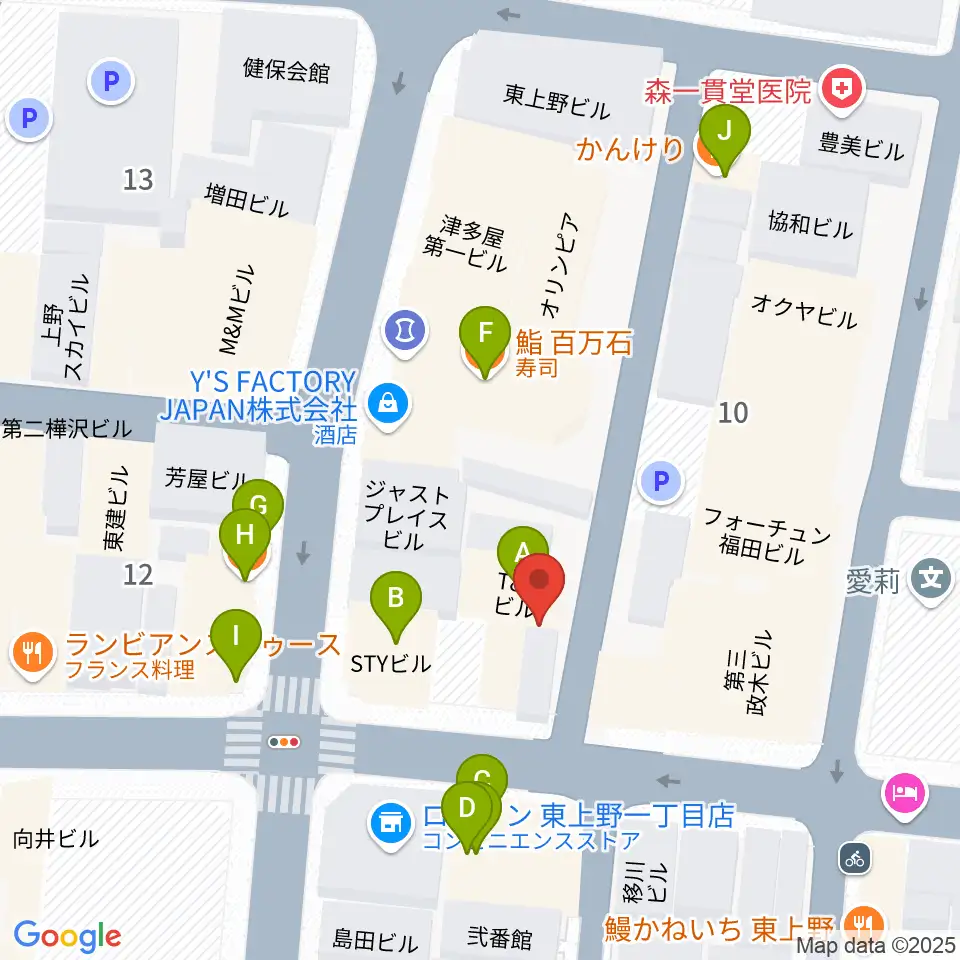 上野小劇場周辺のファミレス・ファーストフード一覧地図