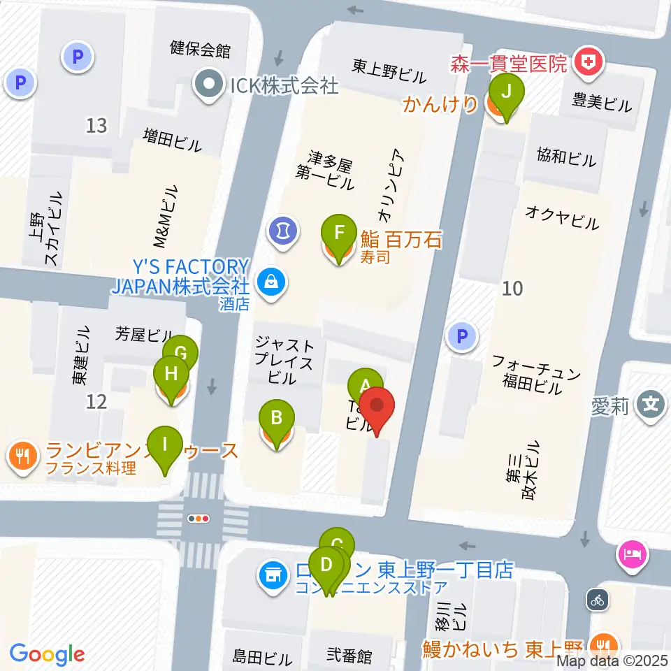 上野小劇場周辺のファミレス・ファーストフード一覧地図