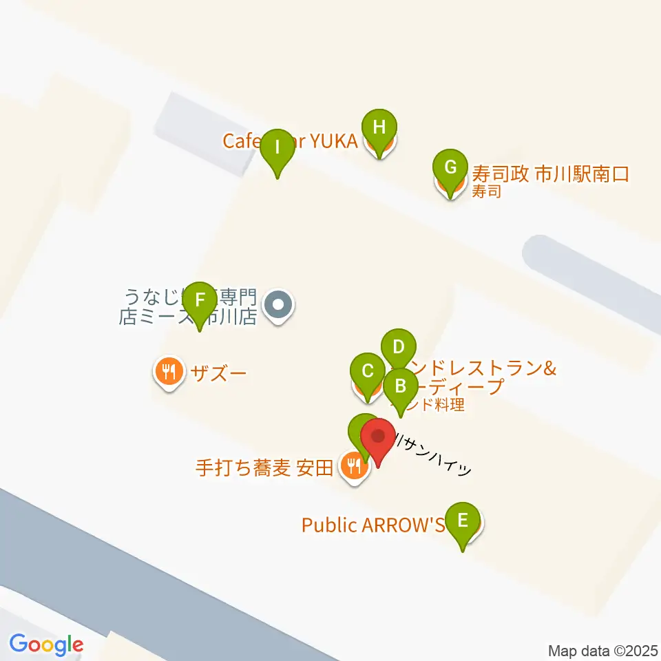 三陽楽器店 ヤマハ市川音楽センター周辺のファミレス・ファーストフード一覧地図