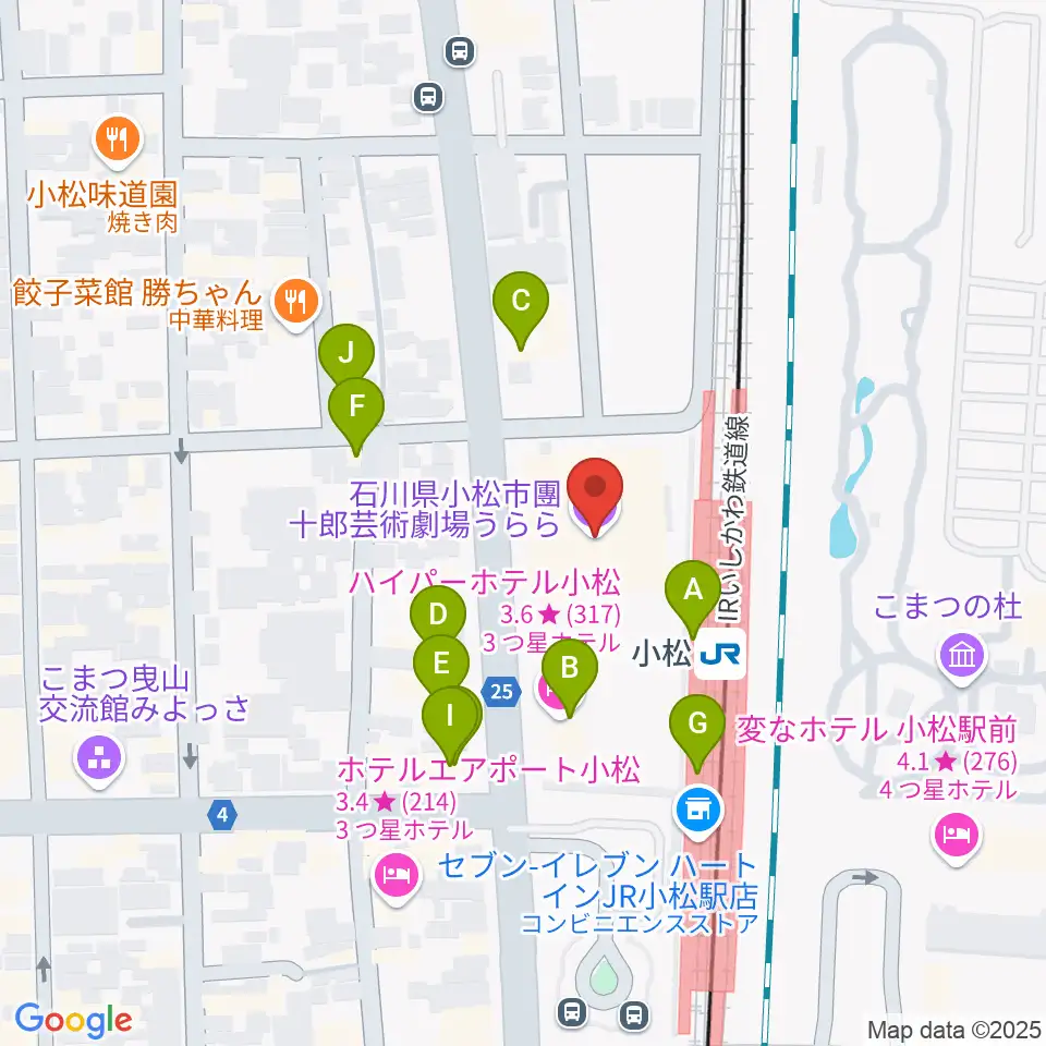 石川県小松市團十郎芸術劇場うらら周辺のファミレス・ファーストフード一覧地図