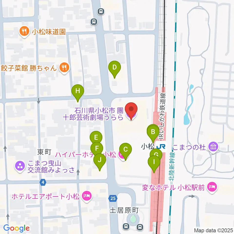石川県小松市團十郎芸術劇場うらら周辺のファミレス・ファーストフード一覧地図