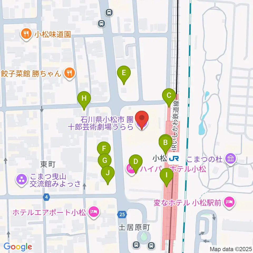 石川県小松市團十郎芸術劇場うらら周辺のファミレス・ファーストフード一覧地図