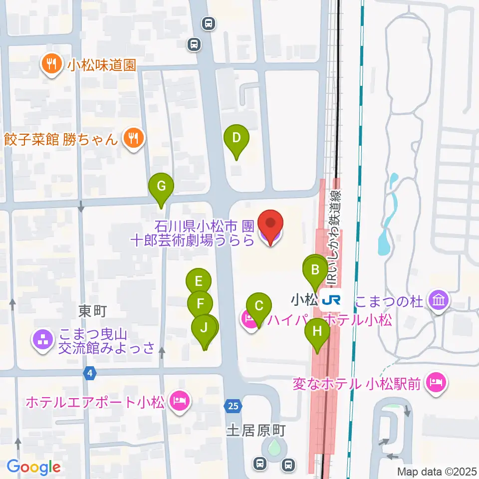 石川県小松市團十郎芸術劇場うらら周辺のファミレス・ファーストフード一覧地図