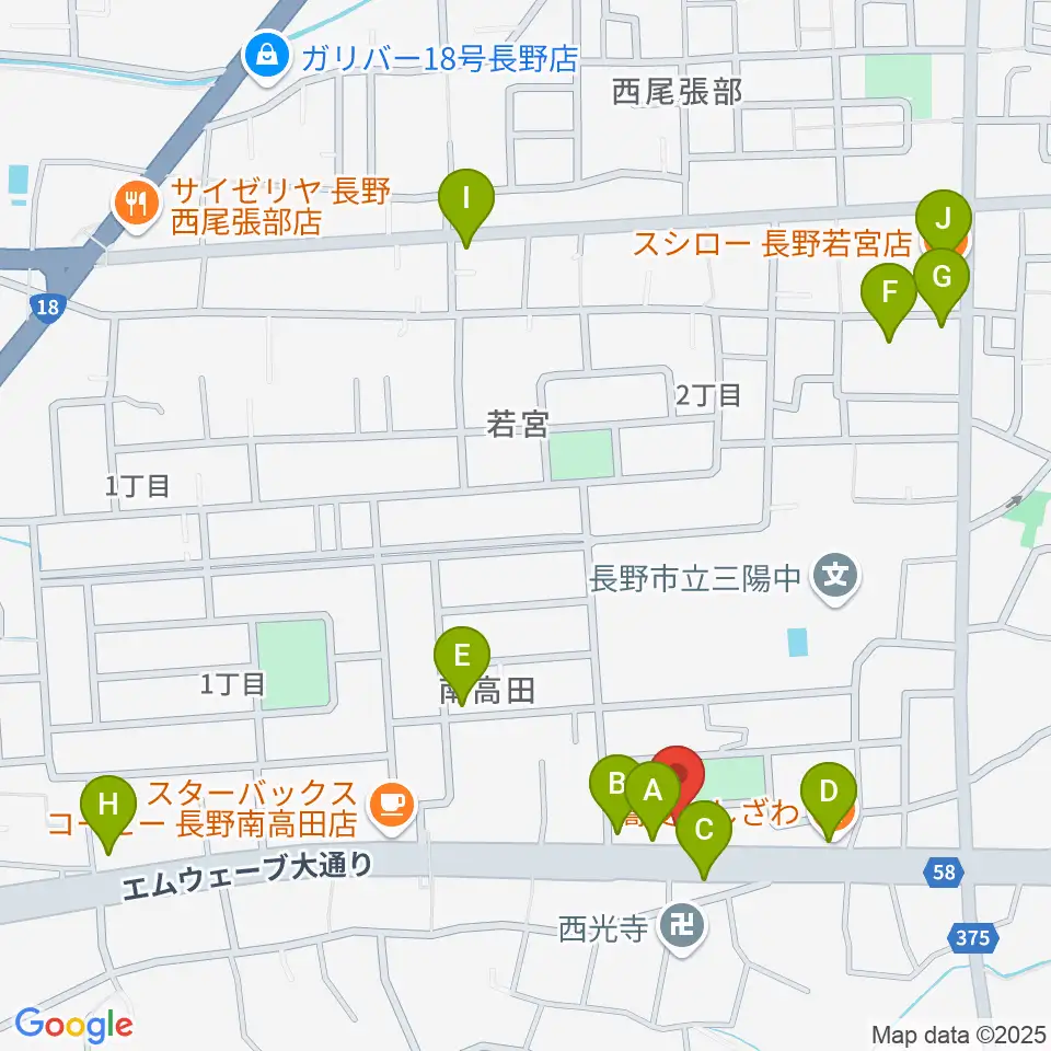ヒオキ楽器 ユニスタイル長野東センター周辺のファミレス・ファーストフード一覧地図