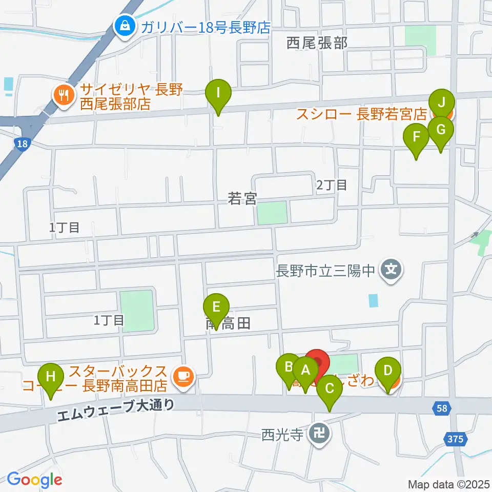 ヒオキ楽器 ユニスタイル長野東センター周辺のファミレス・ファーストフード一覧地図