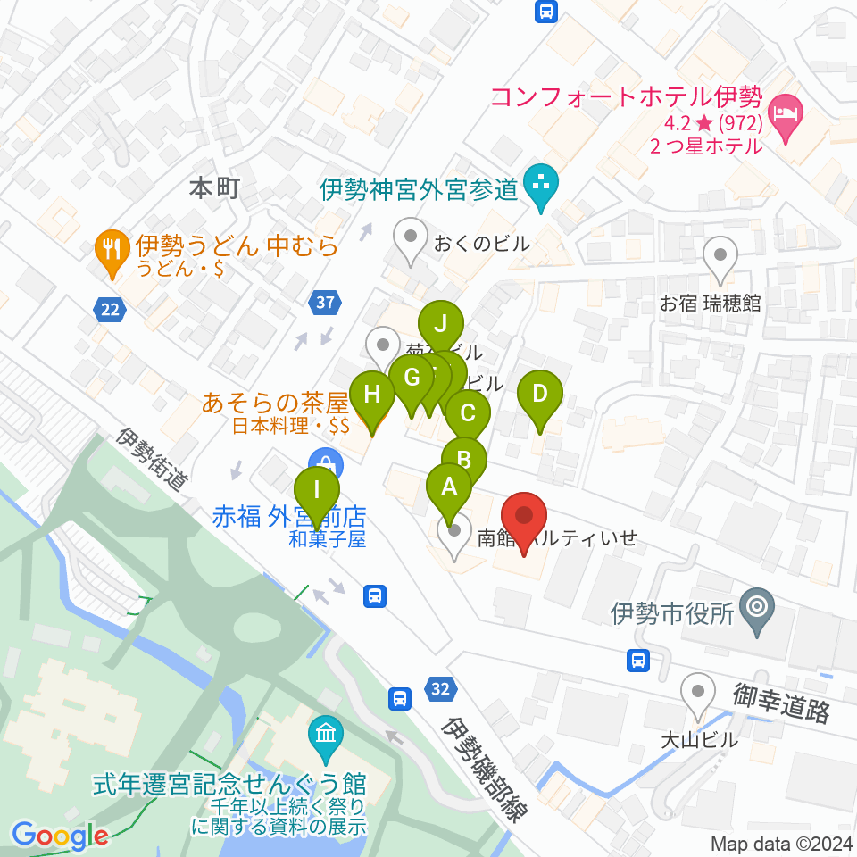 いせシティプラザ周辺のファミレス・ファーストフード一覧地図