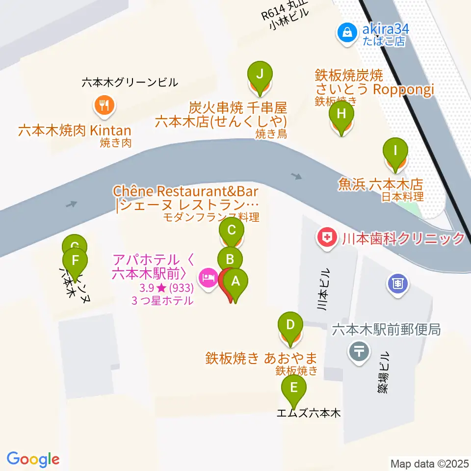 六本木ノチェーロ周辺のファミレス・ファーストフード一覧地図