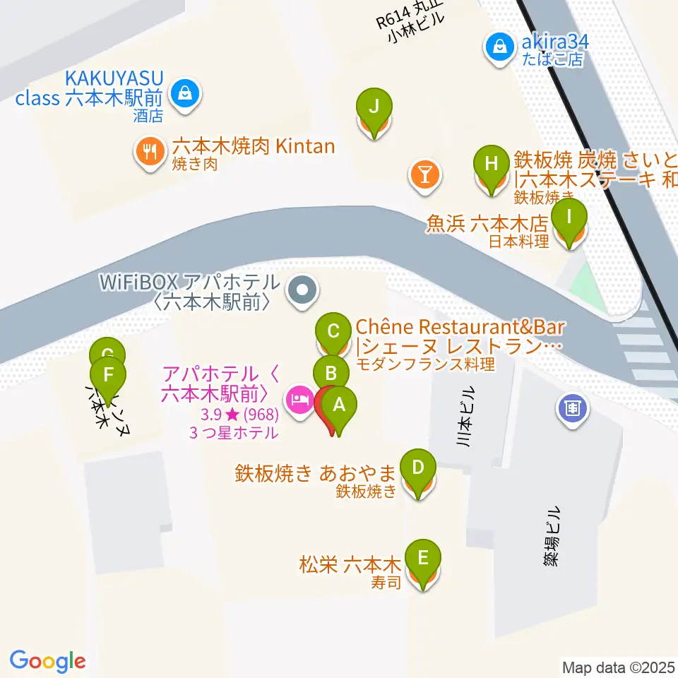 六本木ノチェーロ周辺のファミレス・ファーストフード一覧地図