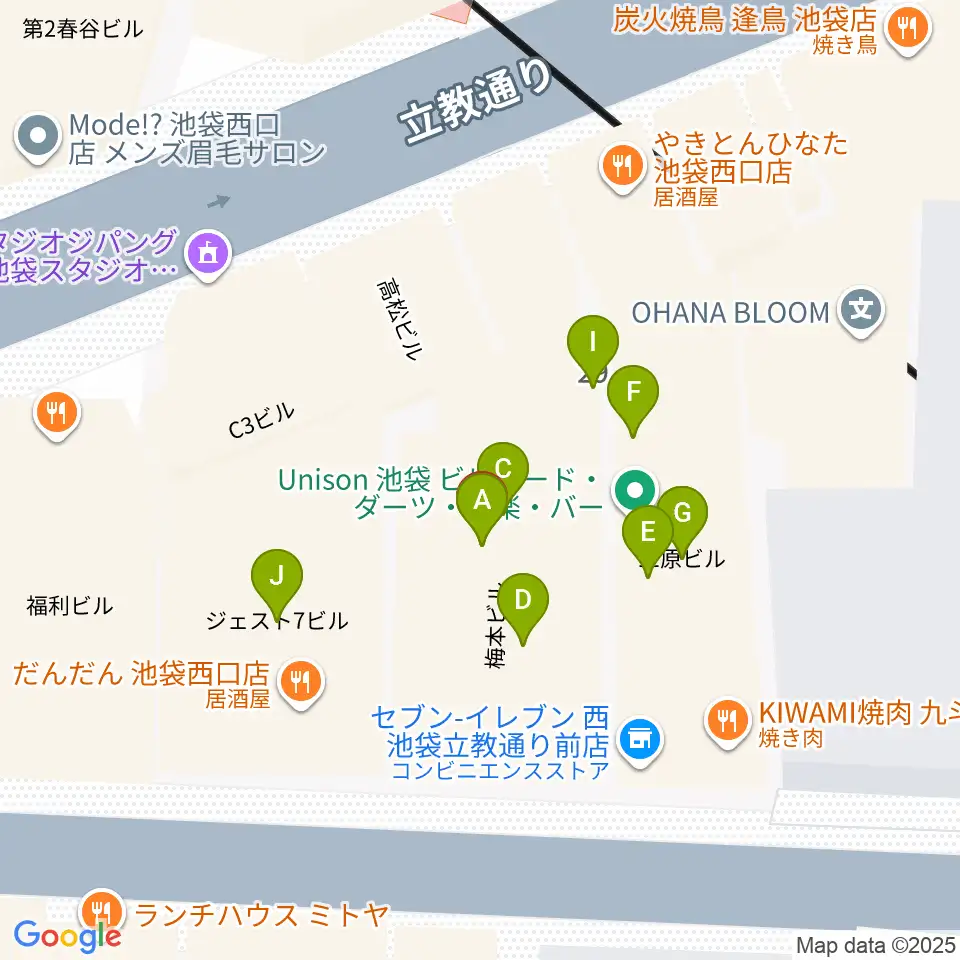 池袋フリーフローランチ周辺のファミレス・ファーストフード一覧地図