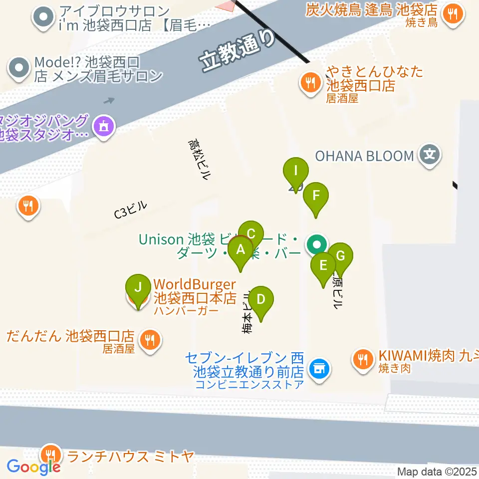 池袋フリーフローランチ周辺のファミレス・ファーストフード一覧地図