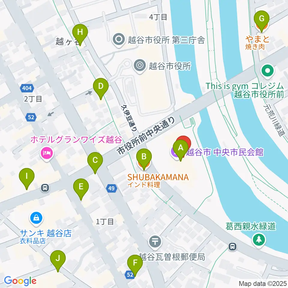 越谷市中央市民会館周辺のファミレス・ファーストフード一覧地図