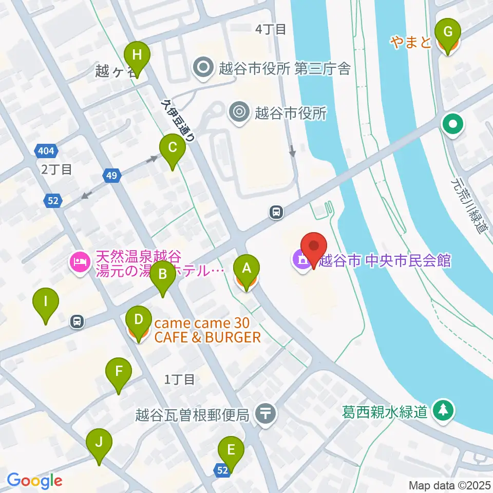 越谷市中央市民会館周辺のファミレス・ファーストフード一覧地図