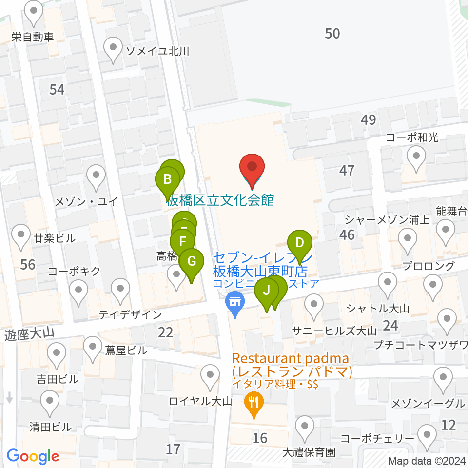 板橋区立文化会館周辺のファミレス・ファーストフード一覧地図