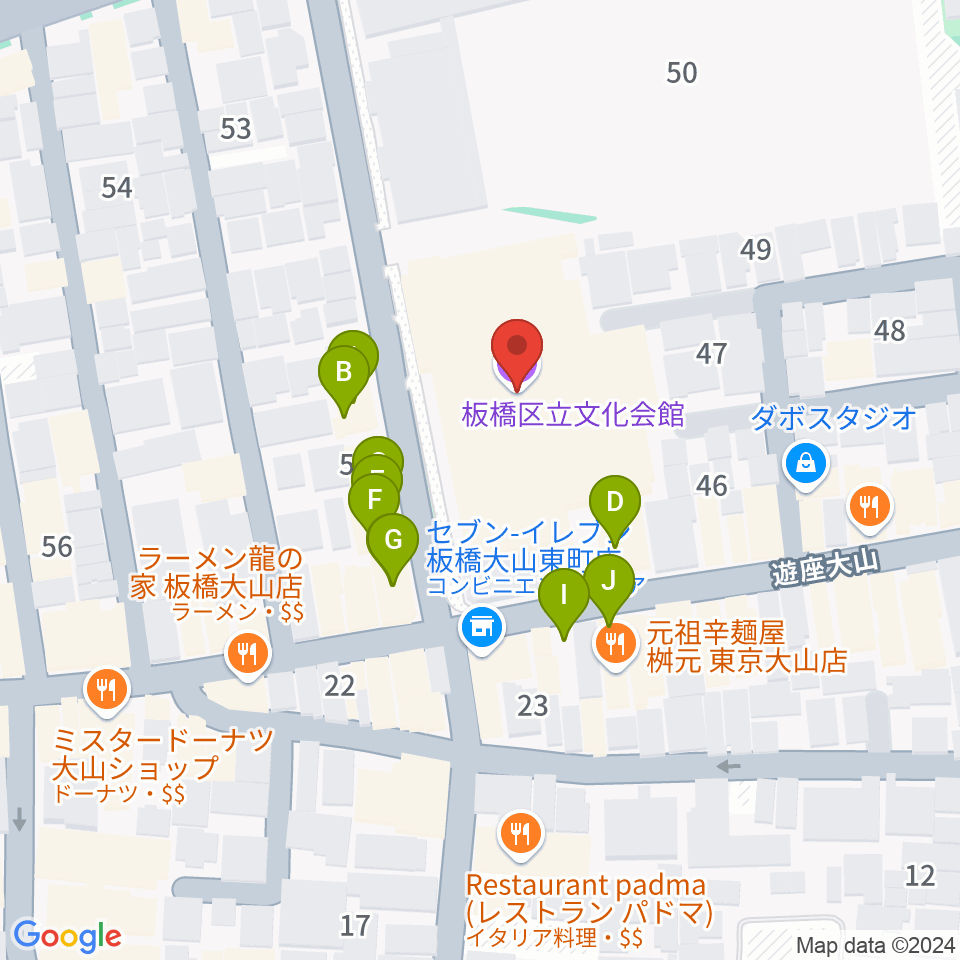 板橋区立文化会館周辺のファミレス・ファーストフード一覧地図