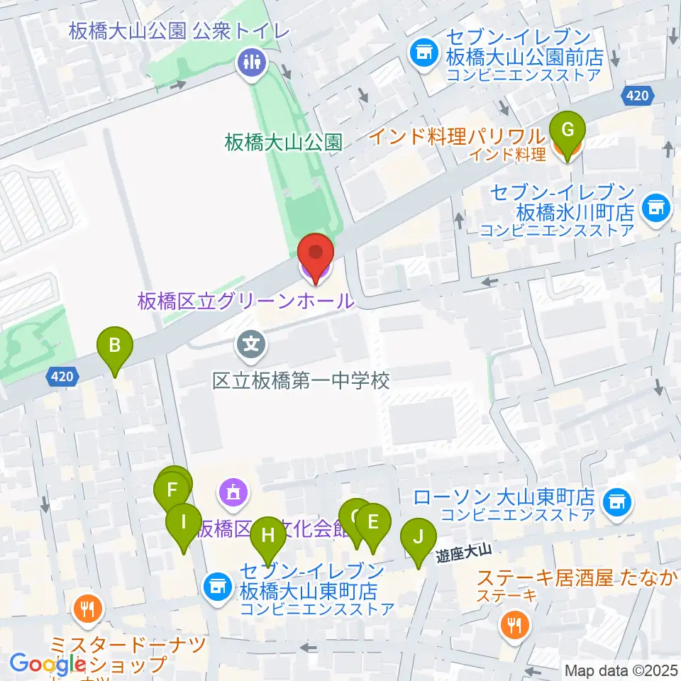 板橋区立グリーンホール周辺のファミレス・ファーストフード一覧地図