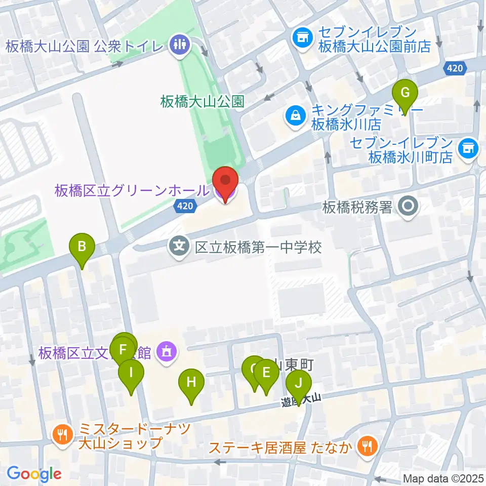 板橋区立グリーンホール周辺のファミレス・ファーストフード一覧地図