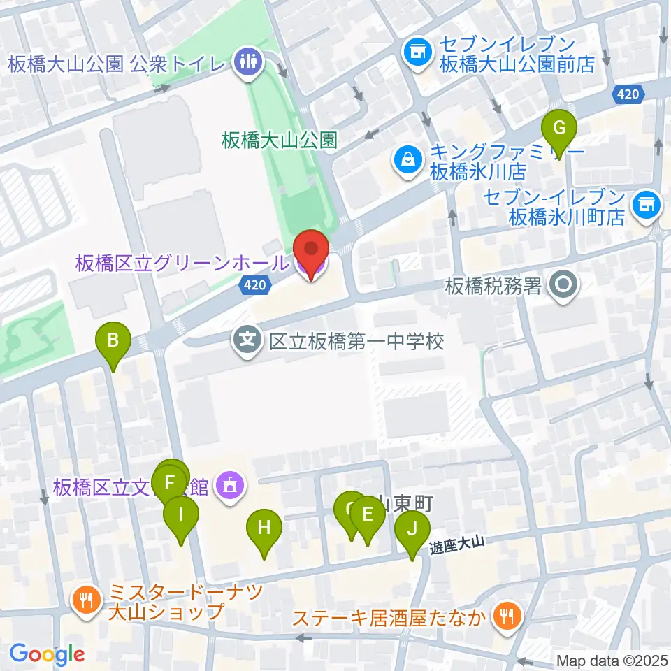 板橋区立グリーンホール周辺のファミレス・ファーストフード一覧地図
