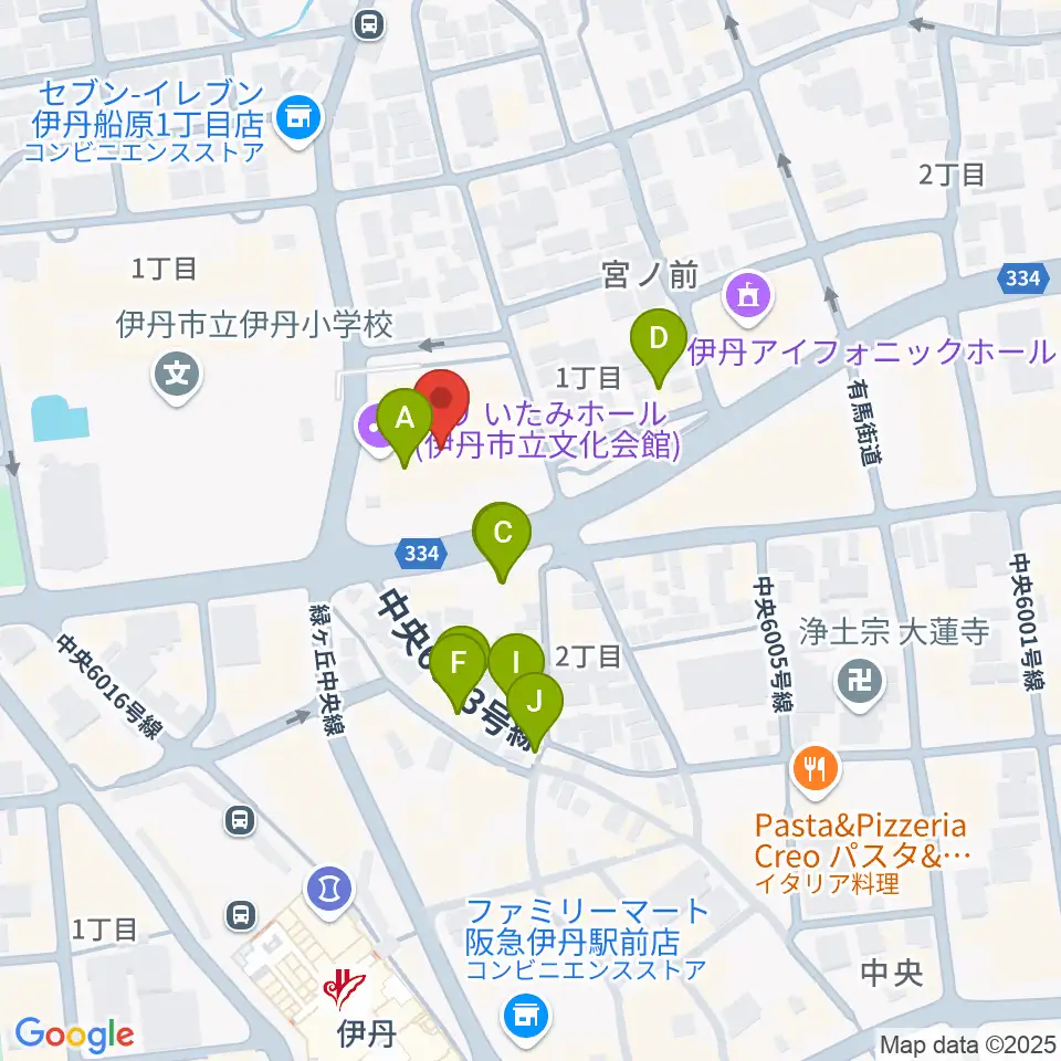 東リ いたみホール周辺のファミレス・ファーストフード一覧地図