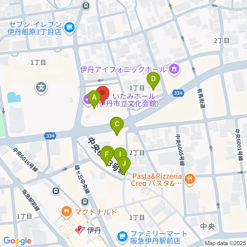 東リ いたみホール周辺のファミレス・ファーストフード一覧地図
