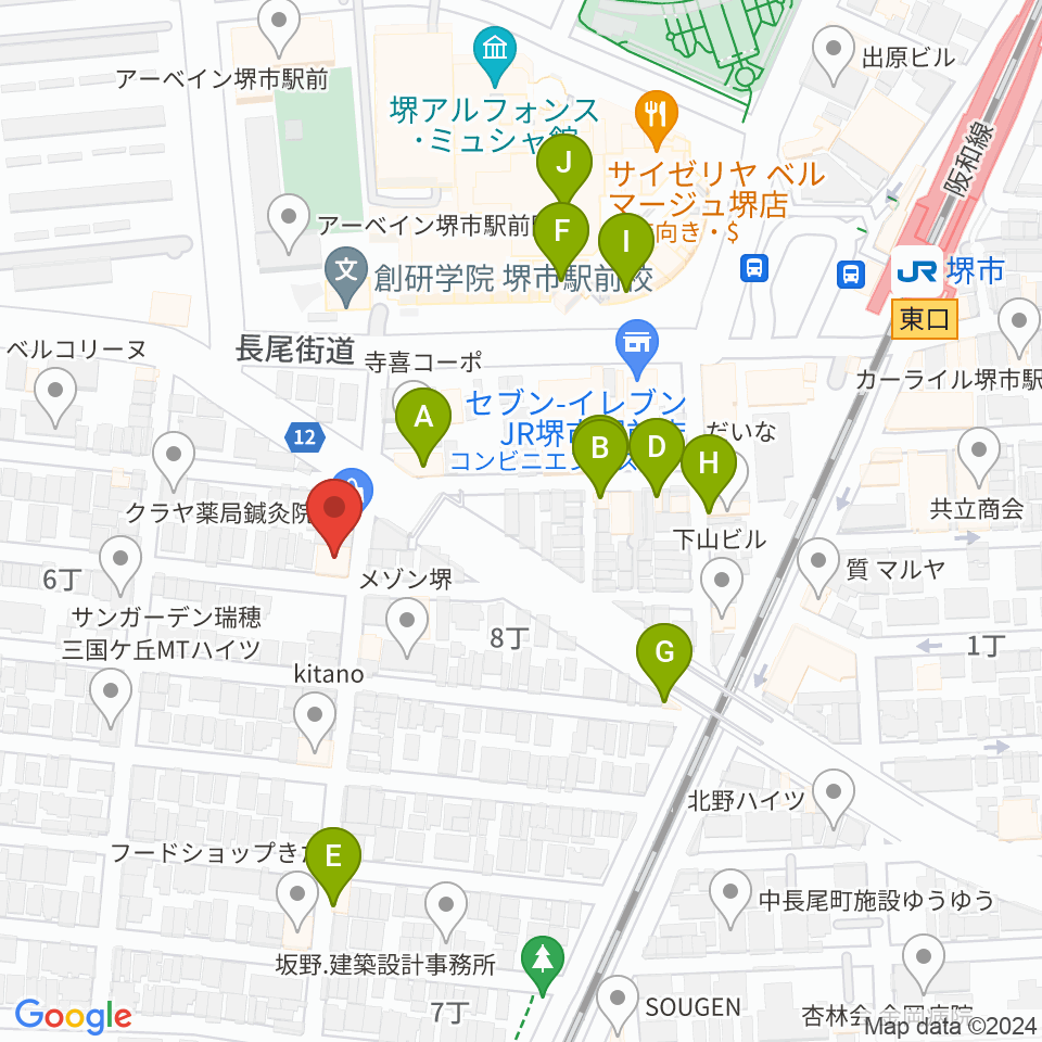 堺レッドハウス周辺のファミレス・ファーストフード一覧地図