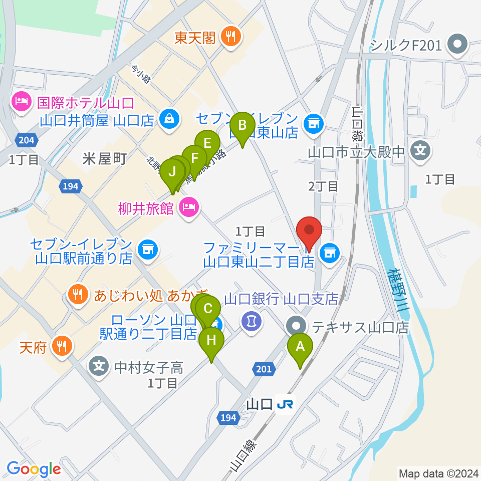 POPS-K 山口店周辺のファミレス・ファーストフード一覧地図