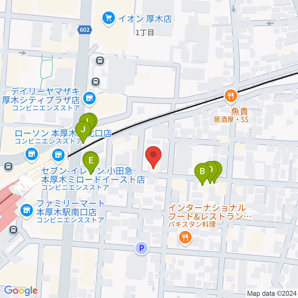 本厚木マッカーサーギャレッジ周辺のファミレス・ファーストフード一覧地図