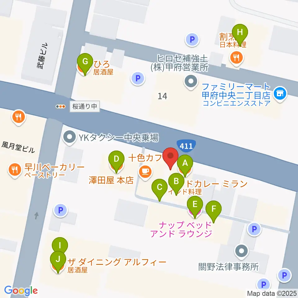 甲府JAZZ IN ALONE周辺のファミレス・ファーストフード一覧地図