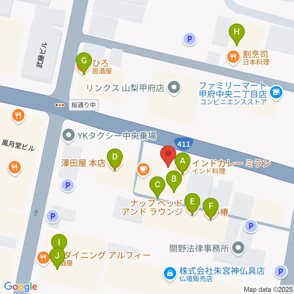 甲府JAZZ IN ALONE周辺のファミレス・ファーストフード一覧地図