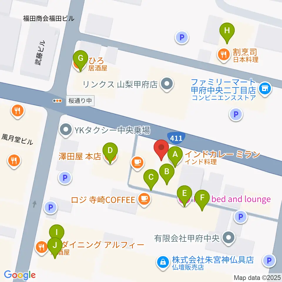 甲府JAZZ IN ALONE周辺のファミレス・ファーストフード一覧地図